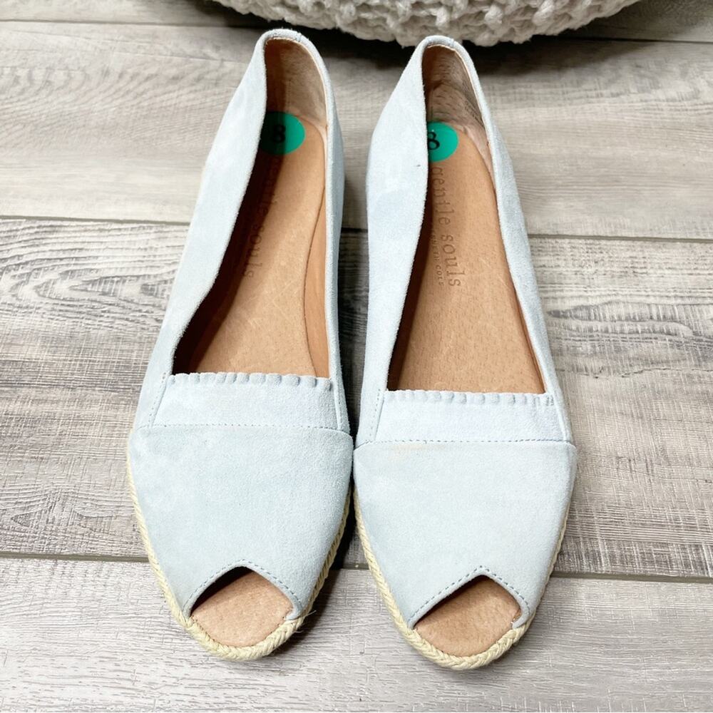 Gentle Souls Lissa Ruffle A-Line Peep Toe Suede Wedges Pale Blue Size 8M